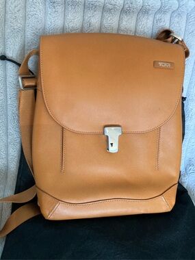 Tumi: Messenger Bag in Tan Leather with Silver Hardware